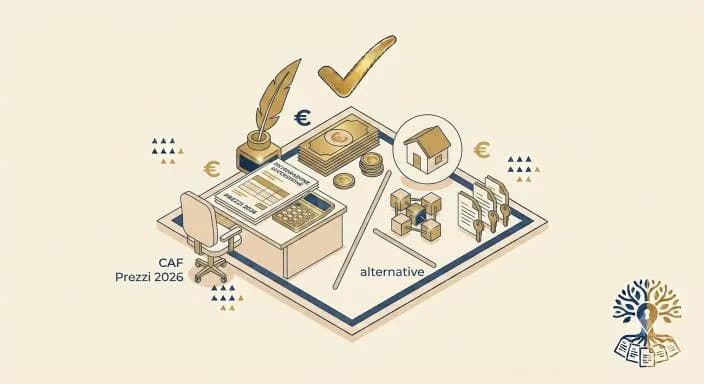 Scrivania con documenti del CAF, calcolatrice e banconote, a rappresentare i prezzi e le alternative per la successione al CAF