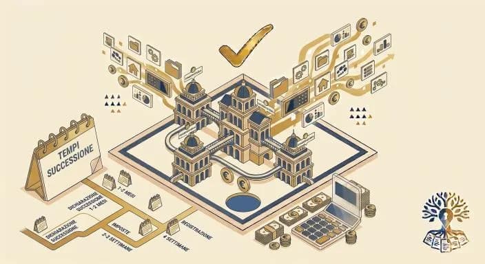 Calendario con le tappe della successione ed edifici di conservatoria collegati tra loro, a rappresentare i tempi e i costi completi della pratica