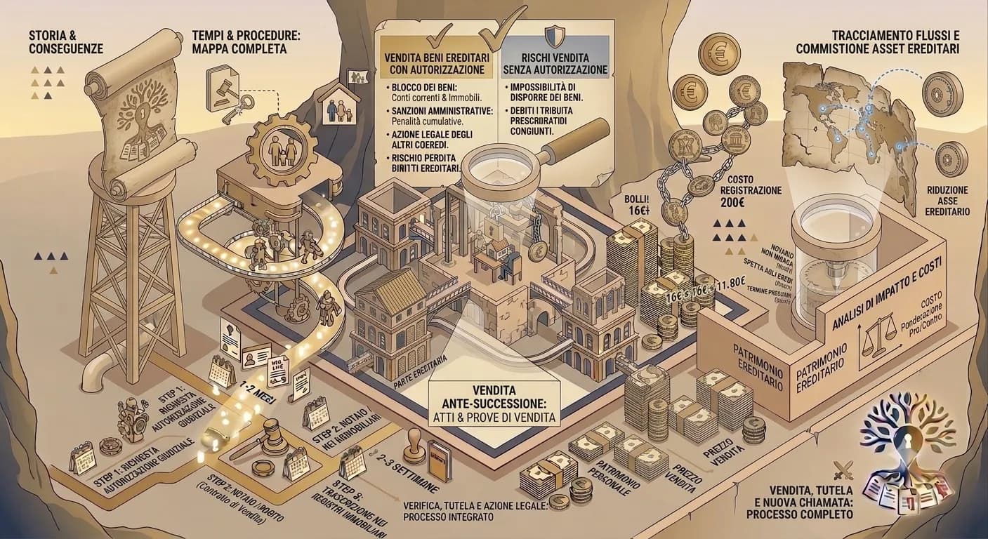 Infografica isometrica con un riquadro a confronto tra vendita di beni ereditari con autorizzazione e rischi della vendita senza autorizzazione, un edificio centrale con le tappe verso il notaio e la trascrizione nei registri immobiliari, monete e una bussola sul tracciamento del patrimonio ereditario