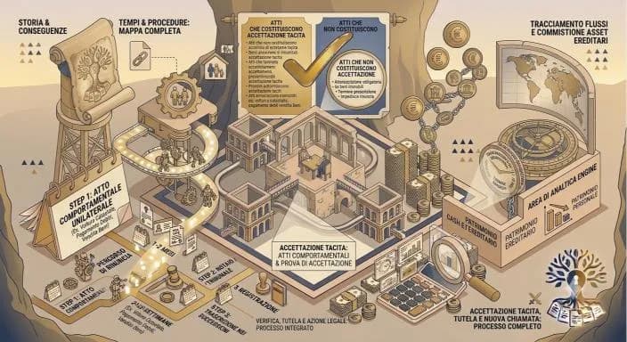 Infografica isometrica con due percorsi a confronto, atti che costituiscono e atti che non costituiscono accettazione tacita, con segno di spunta verde e X rossa, attorno a un edificio centrale, monete e una bussola per il tracciamento del patrimonio ereditario