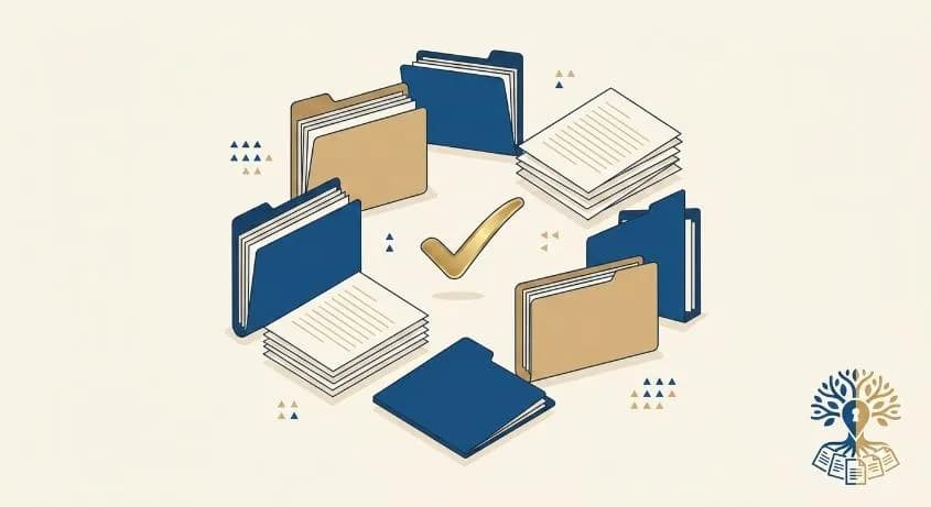 Cartelle e documenti disposti in cerchio attorno a un segno di spunta, a rappresentare la raccolta dei documenti per la successione