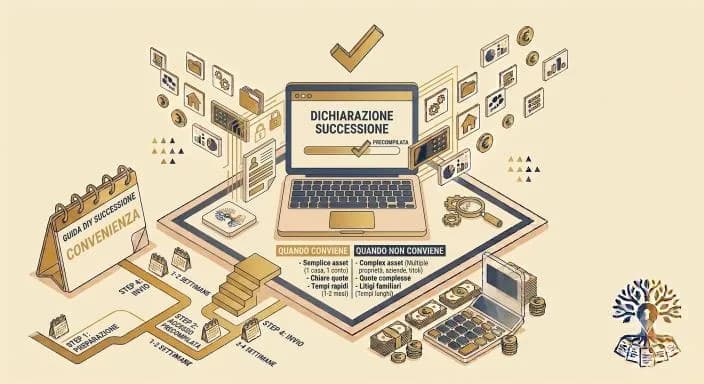 Laptop con la dichiarazione di successione precompilata sullo schermo e un riquadro di confronto tra 'quando conviene' e 'quando non conviene', a rappresentare la valutazione del fai da te