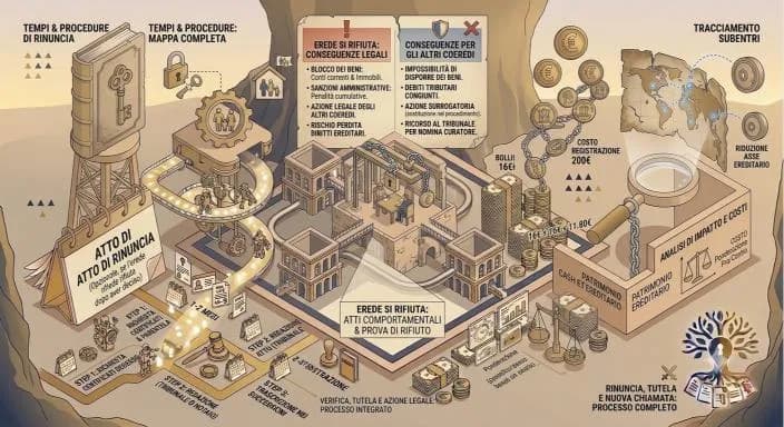 Infografica isometrica con un riquadro rosso 'conseguenze legali' che elenca blocco dei beni, sanzioni e azione legale degli altri coeredi, una bilancia della giustizia e una lente d'ingrandimento attorno all'edificio centrale, a rappresentare le conseguenze del rifiuto di un erede a collaborare