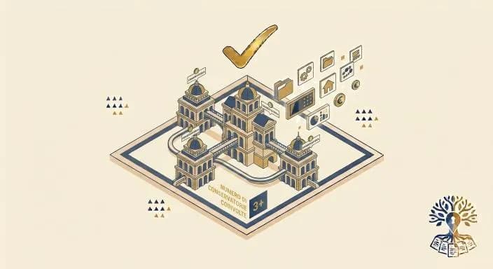 Edifici di conservatoria collegati tra loro con l'indicazione '3+', a rappresentare il numero di conservatorie coinvolte nella successione