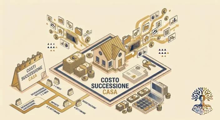 Casa isometrica con banconote, chiavi e un calendario delle scadenze, a rappresentare il costo della successione di una casa