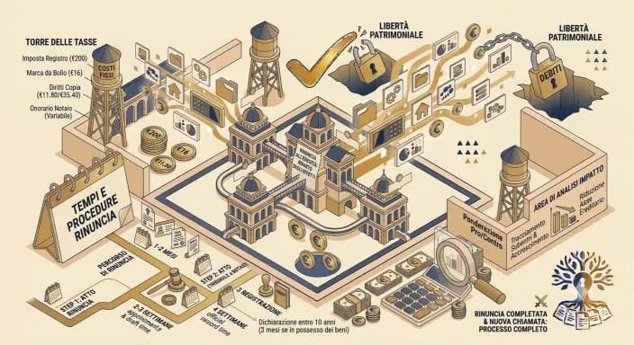 Palazzo di giustizia tra due lucchetti aperti verso simboli opposti di libertà patrimoniale e debiti, con la torre dei costi (imposta di registro, marca da bollo, onorario notaio) e il calendario dei tempi e delle procedure di rinuncia