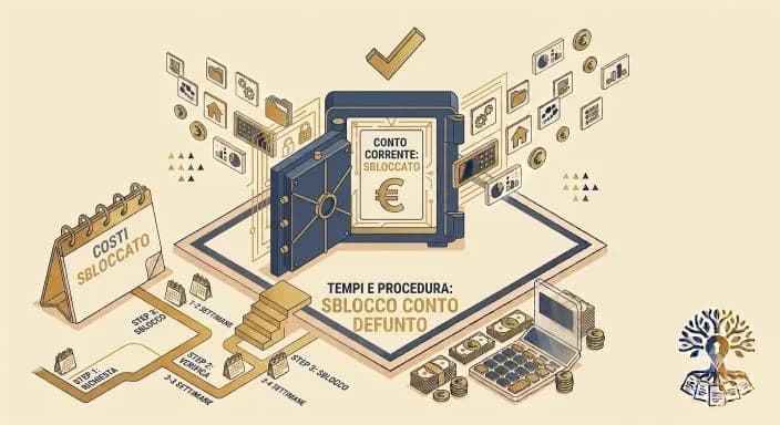 Cassaforte bancaria aperta con il simbolo euro e un calendario con le tappe dello sblocco, a rappresentare lo sblocco del conto corrente del defunto